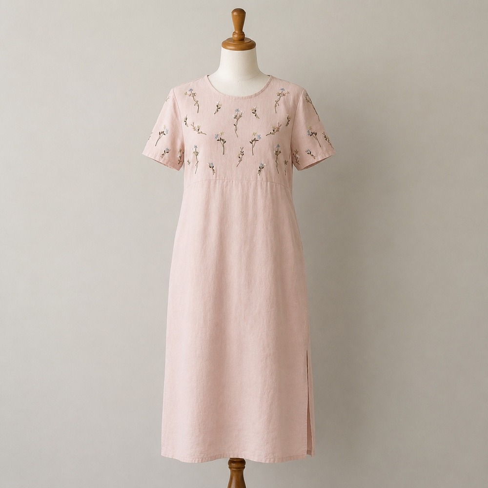 Jane Ashley Pink Linen Embroidered Floral Midi Dress Small Prairie‎ Cottagecore